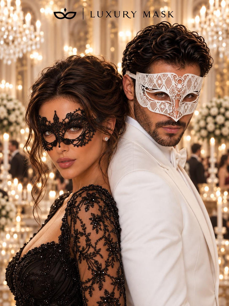 White Diamond Venetian Mask for Men & Black Lace Mask for Women – product photo 3