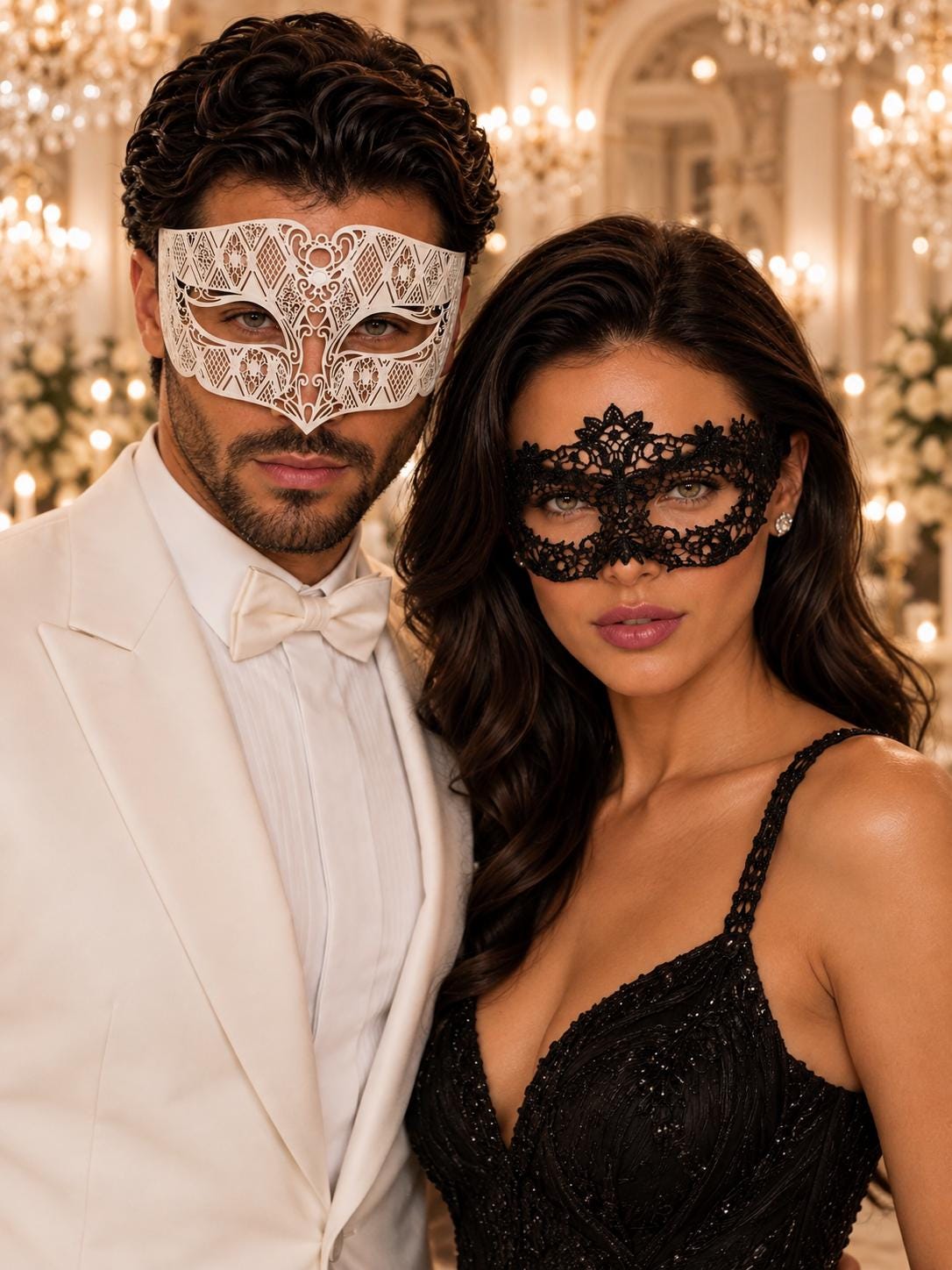 Black Flower Lace Mask for Women & White Diamond Venetian Mask for Men