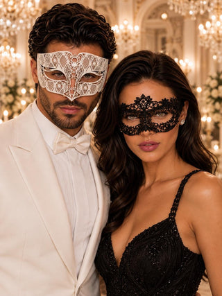 Black Flower Lace Mask for Women & White Diamond Venetian Mask for Men