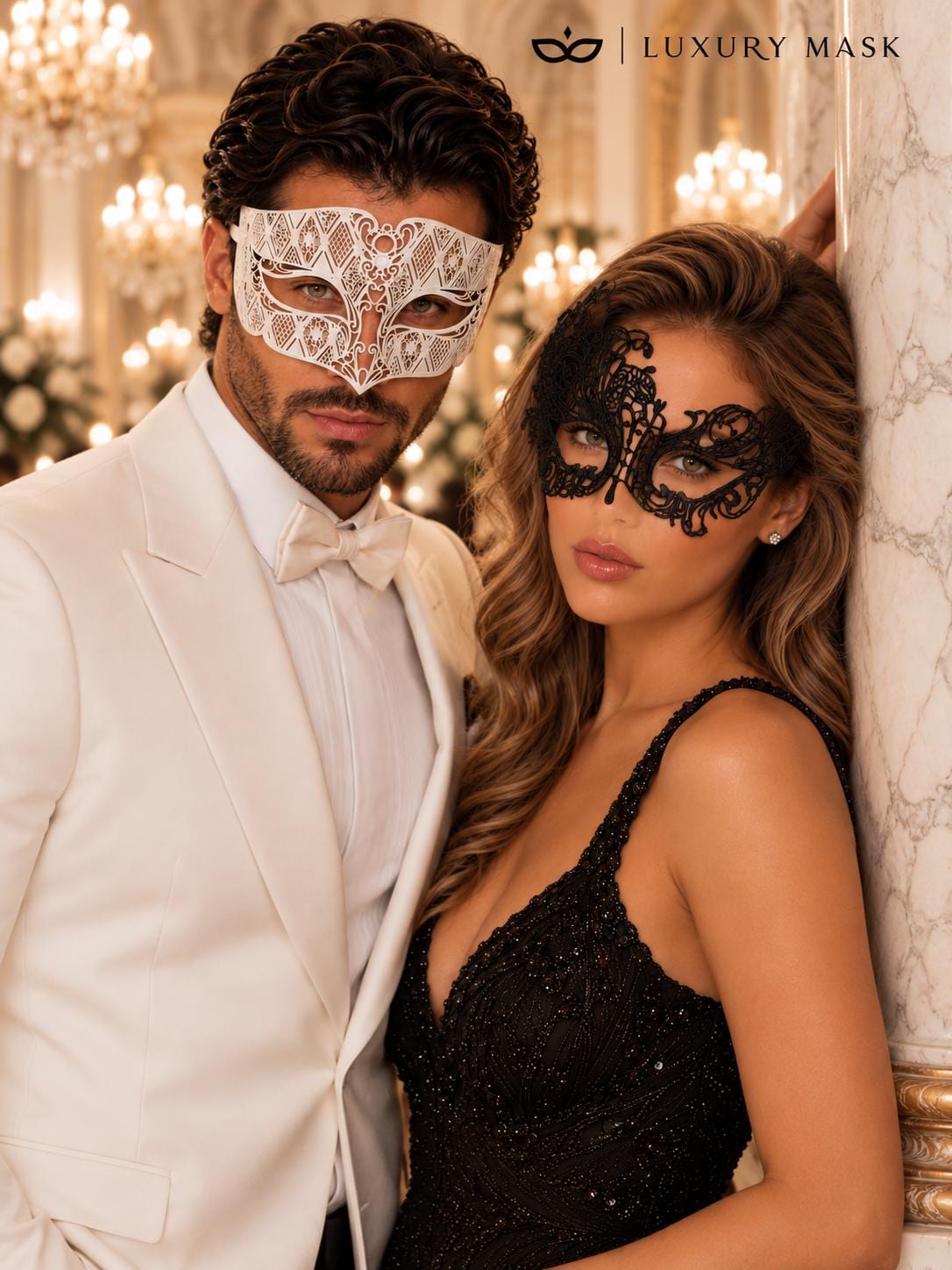 Black Swan Lace Mask for Women with White Diamond Venetian Mask for Men – product photo 3