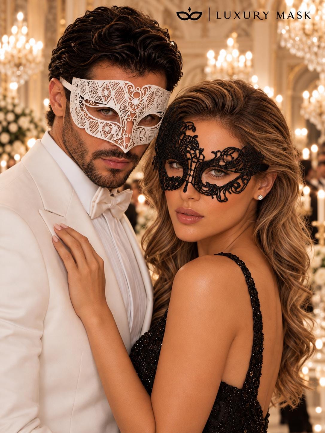 Black Swan Lace Mask for Women with White Diamond Venetian Mask for Men – product photo 2