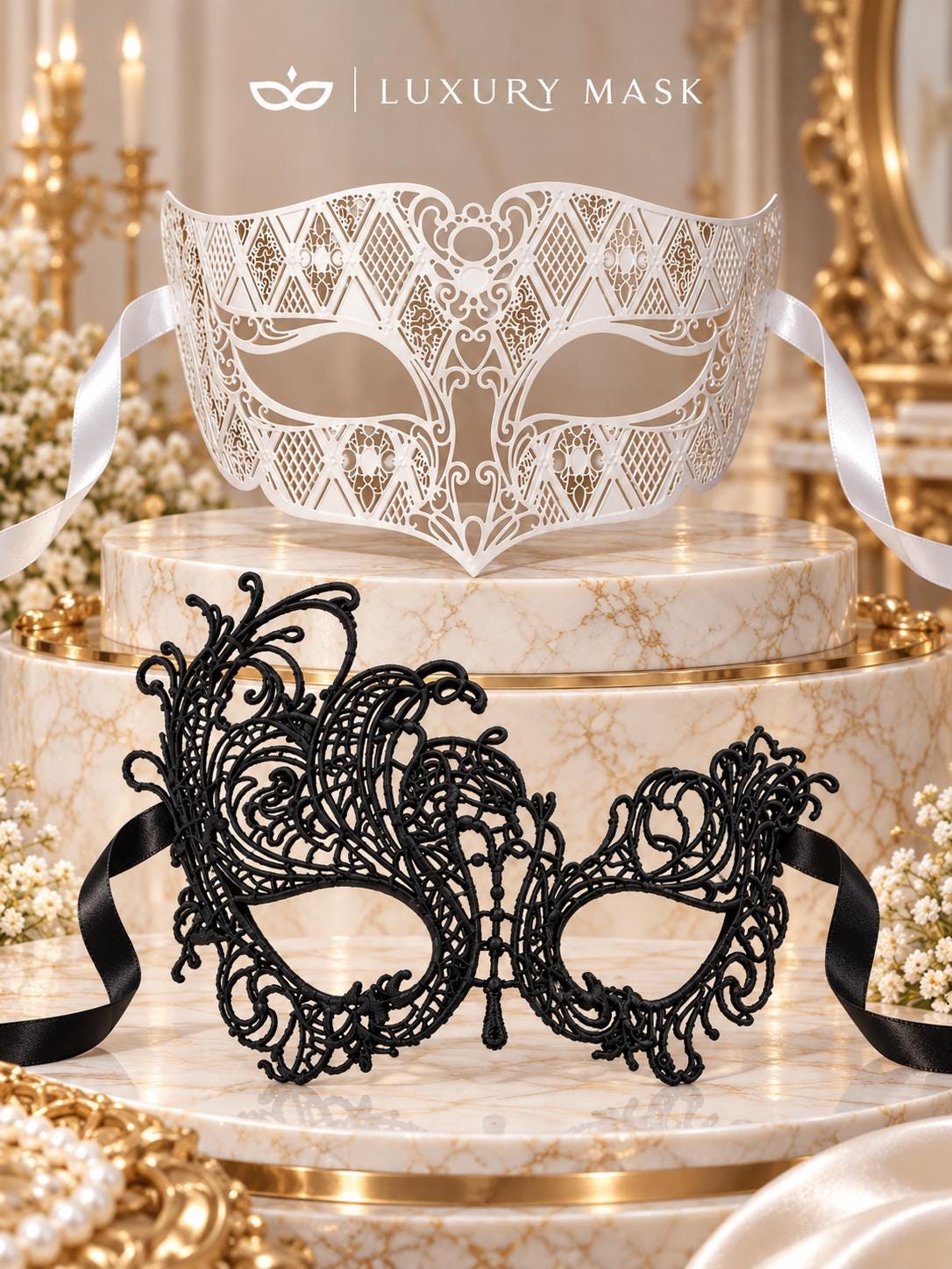 Black Swan Lace Mask for Women with White Diamond Venetian Mask for Men – product photo 5