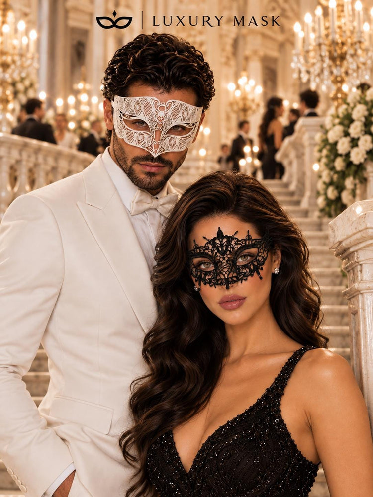 Black Lace Mask for Women & White Diamond Metal Mask for Men – product photo 3
