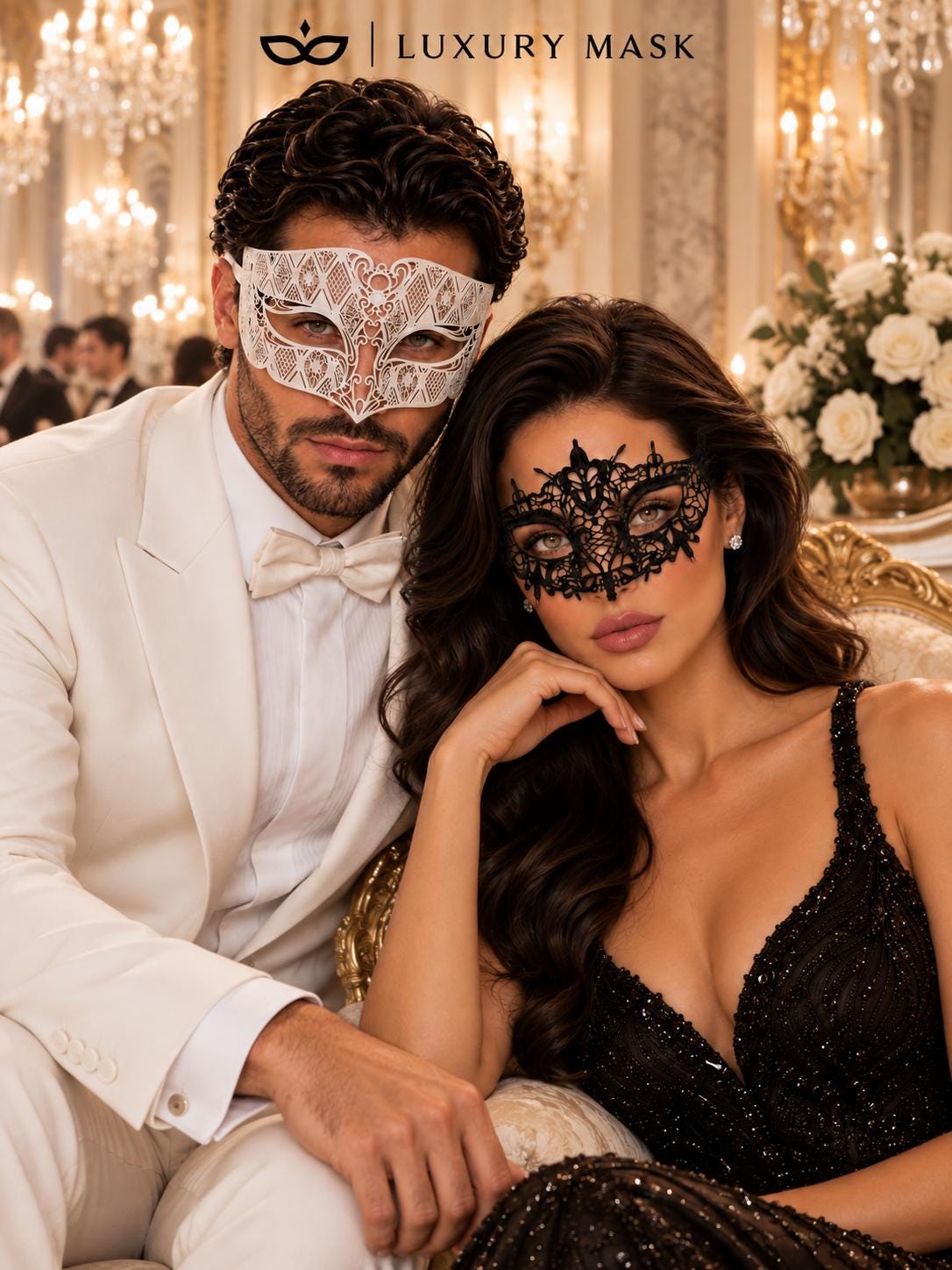 Black Lace Mask for Women & White Diamond Metal Mask for Men – product photo 5