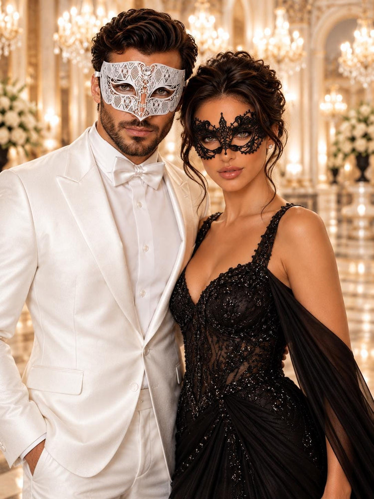 White Diamond Clear Stone Mask for Men with Black Lace Mask for Women – product photo 3