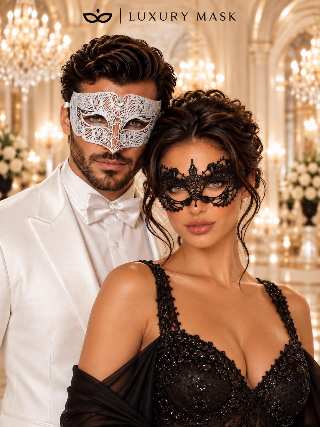 White Diamond Clear Stone Mask for Men with Black Lace Mask for Women – product photo 2