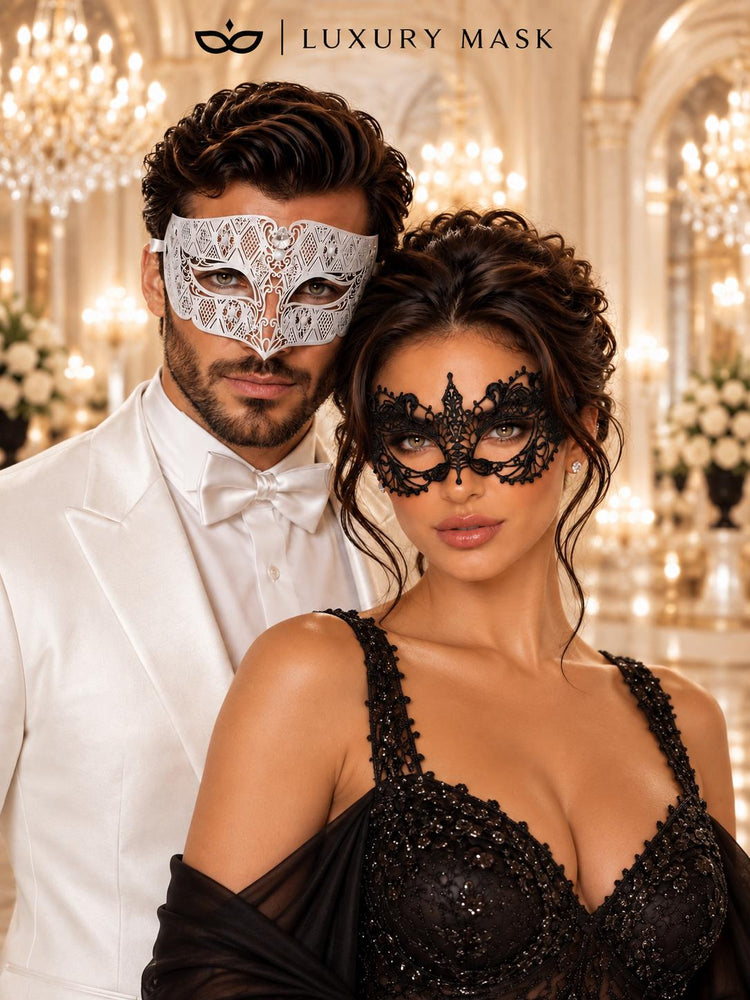 White Diamond Clear Stone Mask for Men with Black Lace Mask for Women – product photo 2