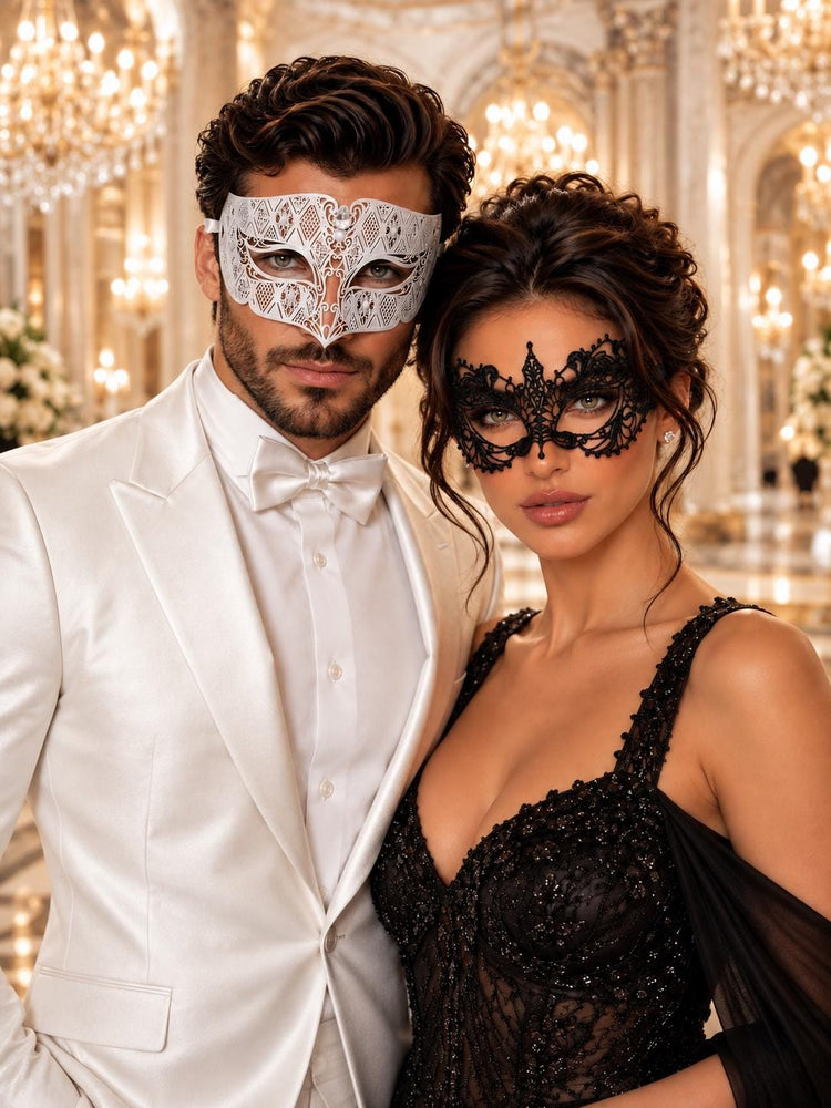 White Diamond Clear Stone Mask for Men with Black Lace Mask for Women