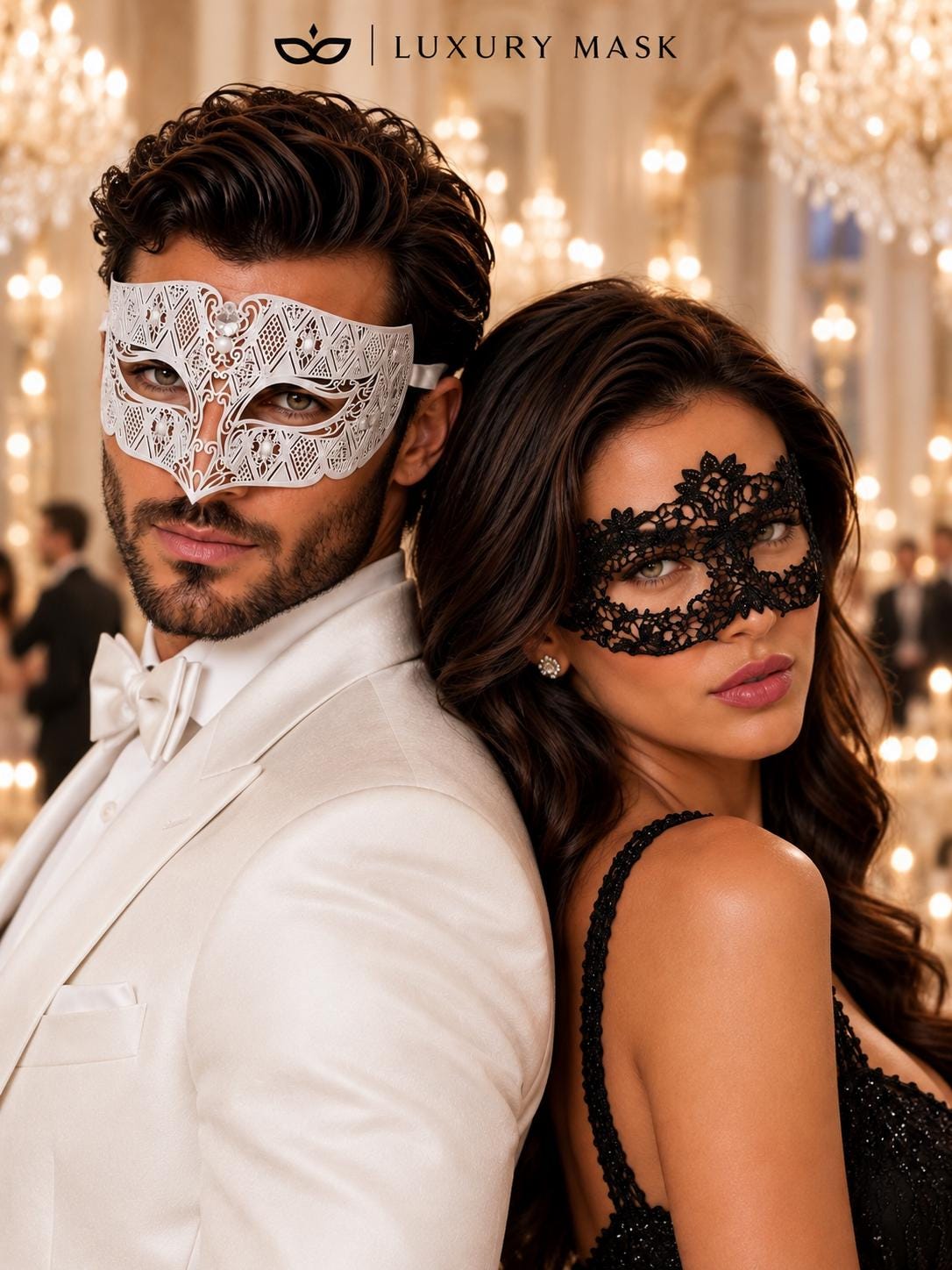 White Clear Stone Diamond Mask for Men & Black Flower Lace Mask for Women – product photo 4