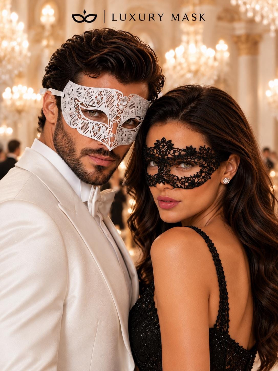White Clear Stone Diamond Mask for Men & Black Flower Lace Mask for Women – product photo 2