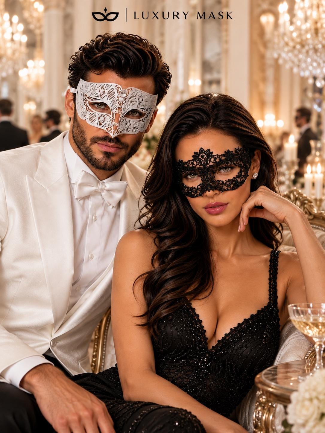 White Clear Stone Diamond Mask for Men & Black Flower Lace Mask for Women – product photo 5