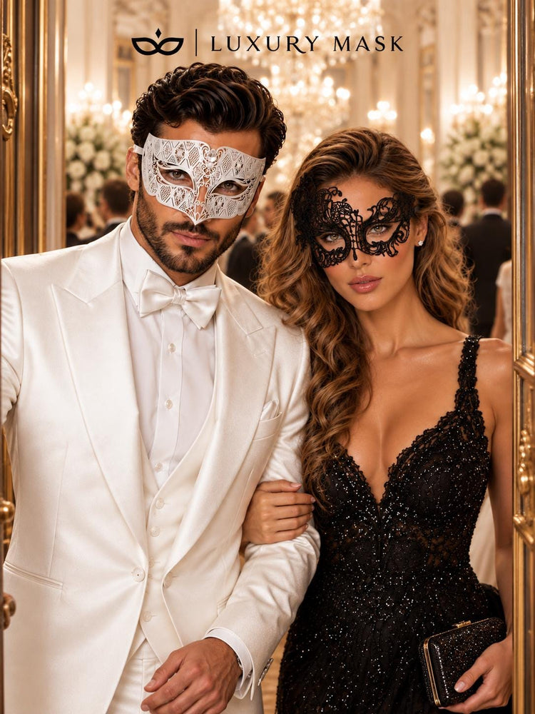 White Clear Stone Venetian Mask for Men & Black Swan Lace Mask for Women – product photo 5