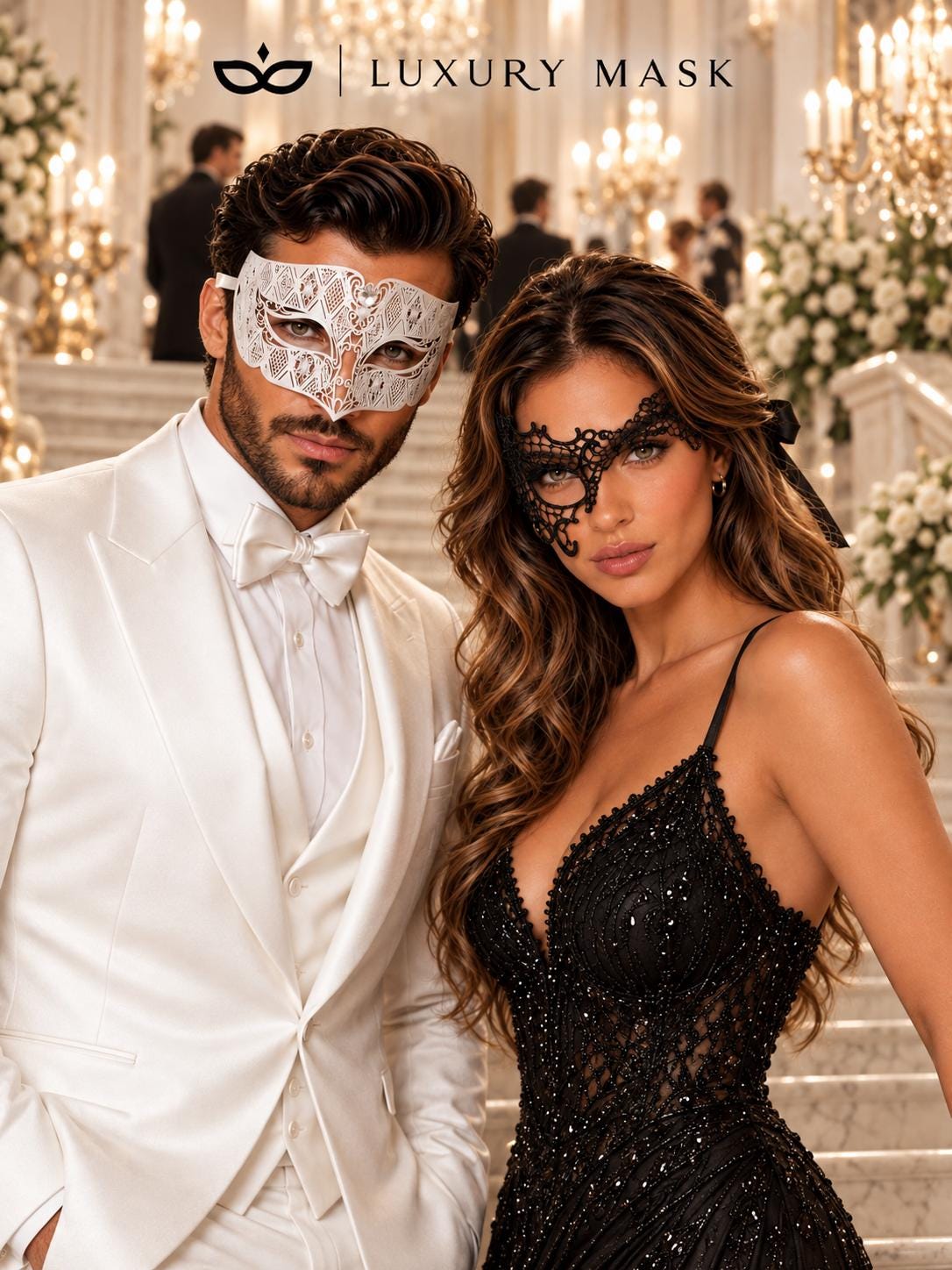 Black Phantom Lace Mask & White Clear Stone Diamond Mask – product photo 2