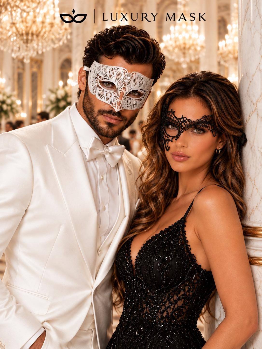 Black Phantom Lace Mask & White Clear Stone Diamond Mask – product photo 4
