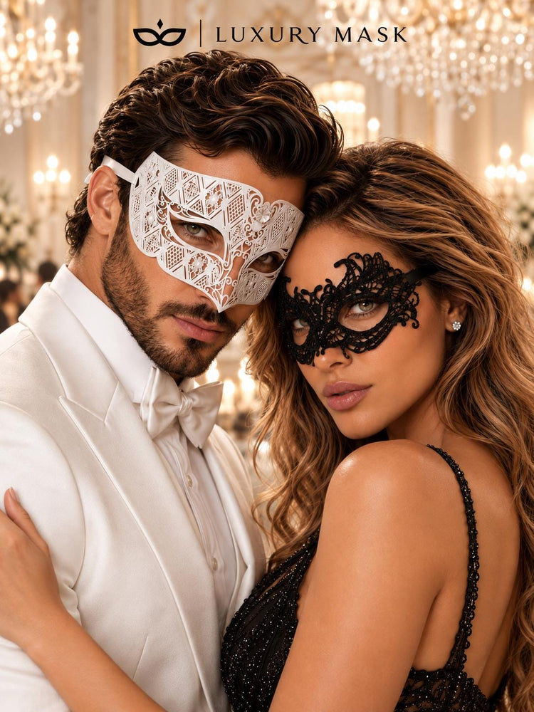 White Diamond Stone Mask & Black Lace Venetian Mask – product photo 2