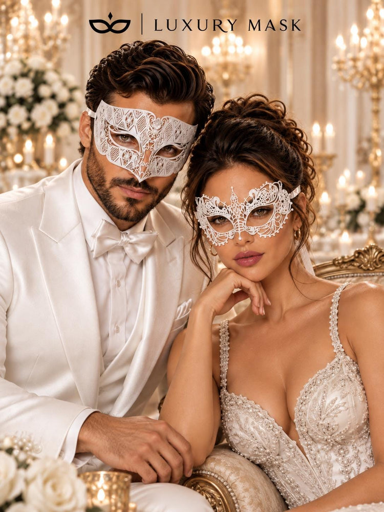 All White Masquerade Masks for Couples – product photo 4