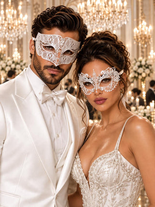 All White Masquerade Masks for Couples
