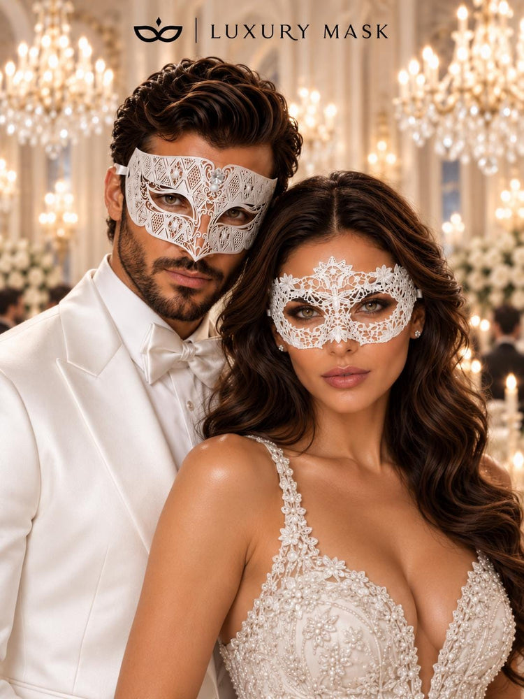 White Flower Lace & Diamond Stone Masquerade Masks – product photo 2