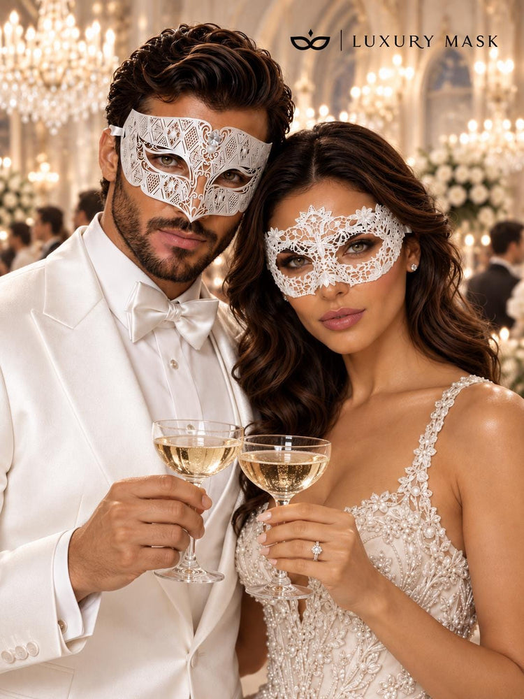 White Flower Lace & Diamond Stone Masquerade Masks – product photo 4