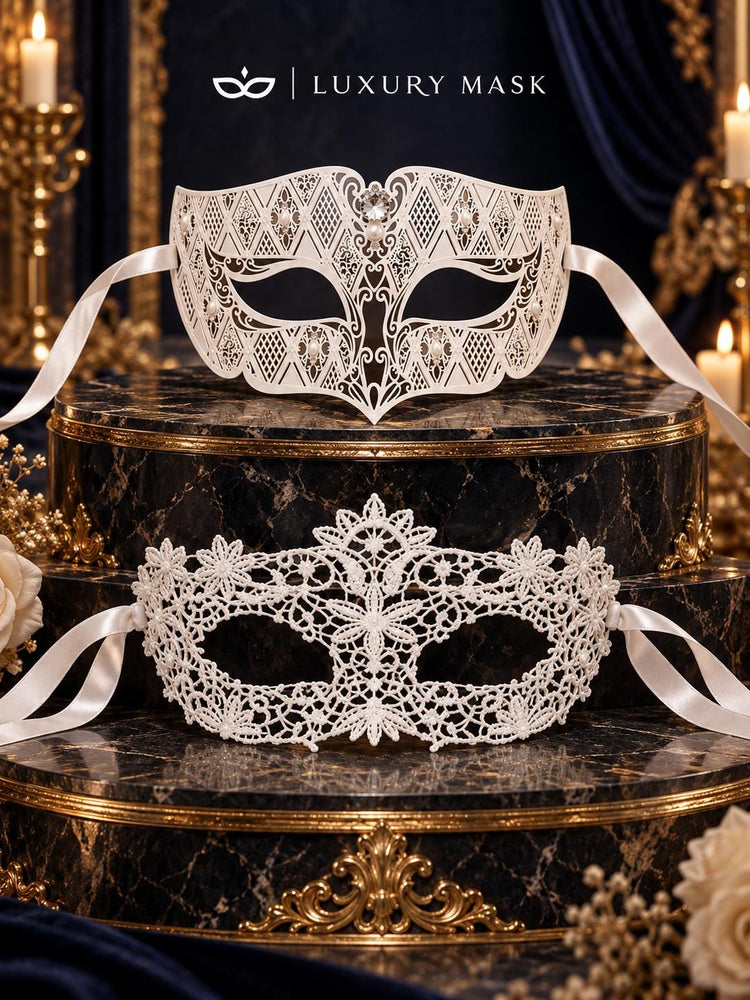 White Flower Lace & Diamond Stone Masquerade Masks – product photo 6