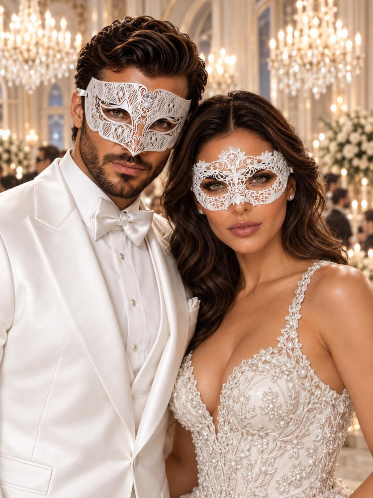 White Flower Lace & Diamond Stone Masquerade Masks