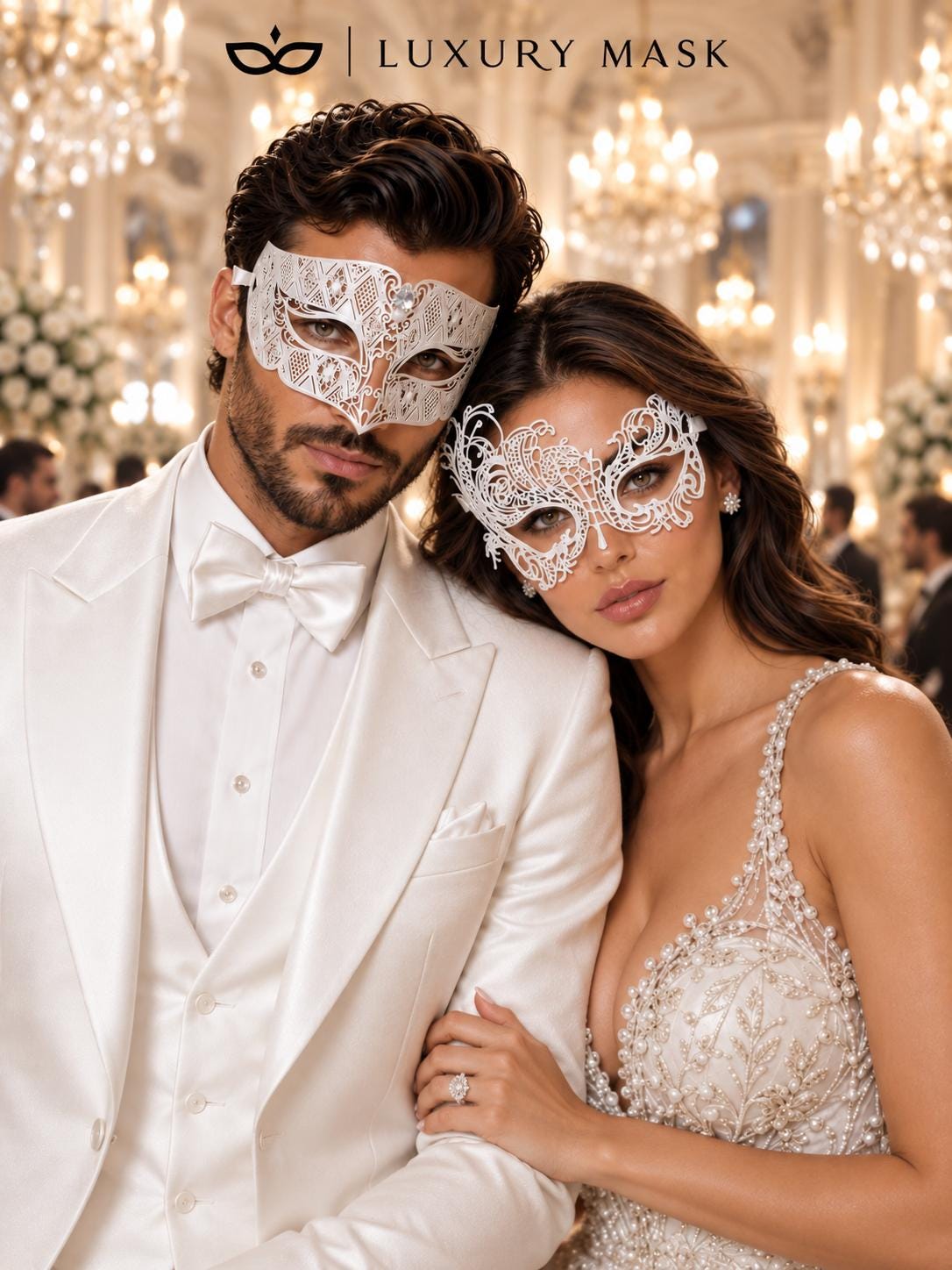 White Swan Lace Mask for Women & Clear Stone Diamond Mask for Men – product photo 3