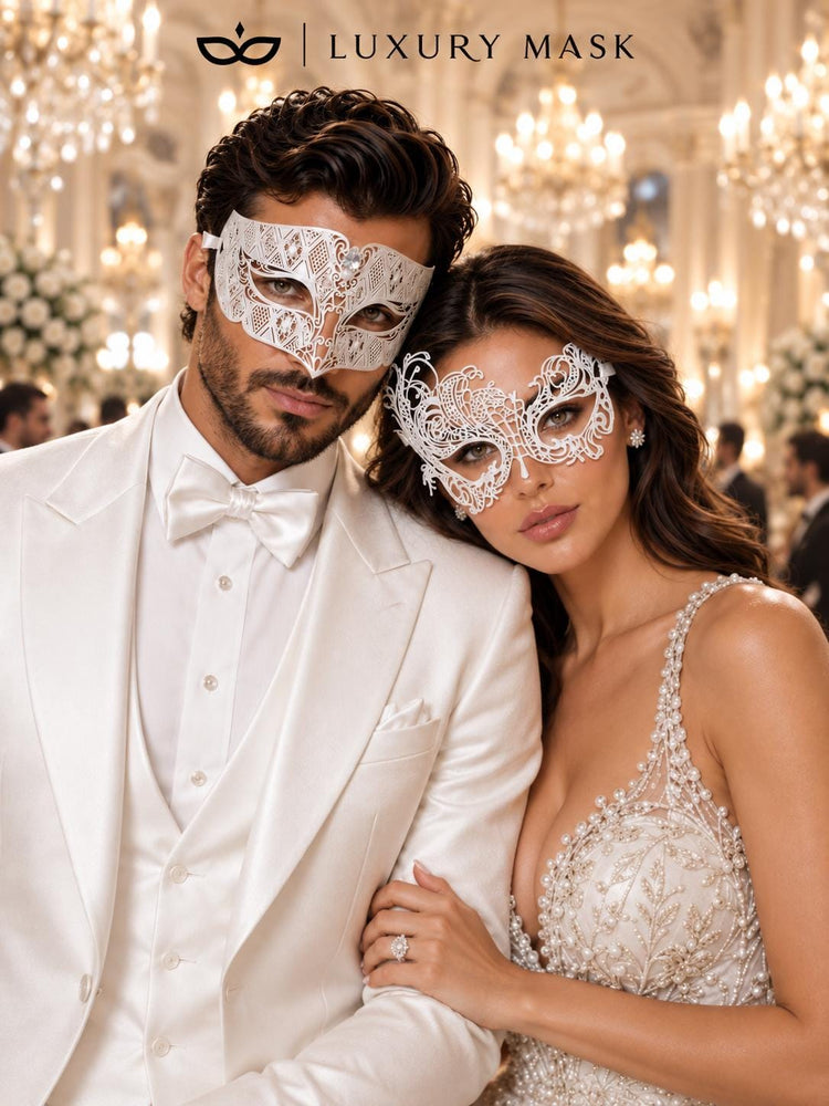 White Swan Lace Mask for Women & Clear Stone Diamond Mask for Men – product photo 3
