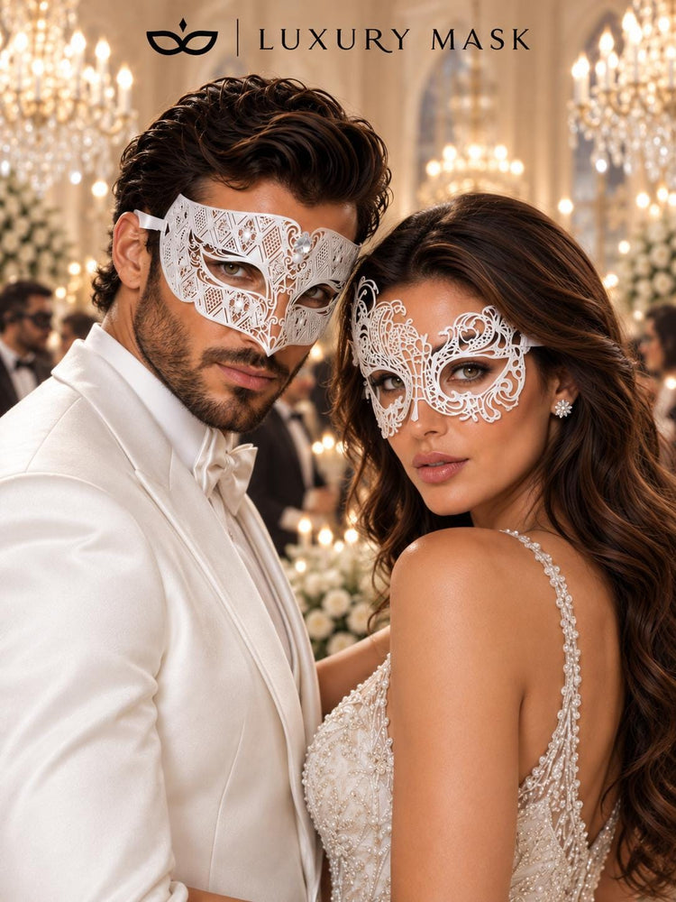 White Swan Lace Mask for Women & Clear Stone Diamond Mask for Men – product photo 2