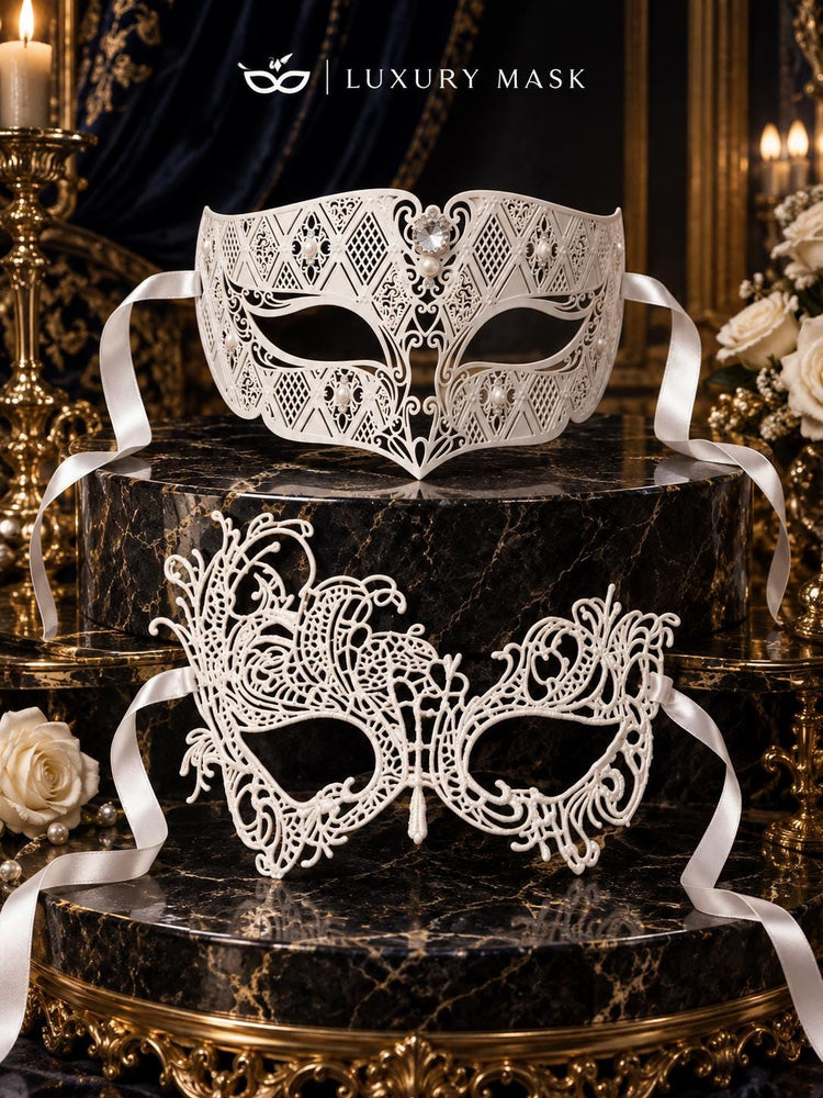 White Swan Lace Mask for Women & Clear Stone Diamond Mask for Men – product photo 6