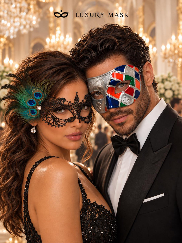 Silver Multicolor Checkered Venetian Mask with Black Peacock Lace Mask – product photo 2