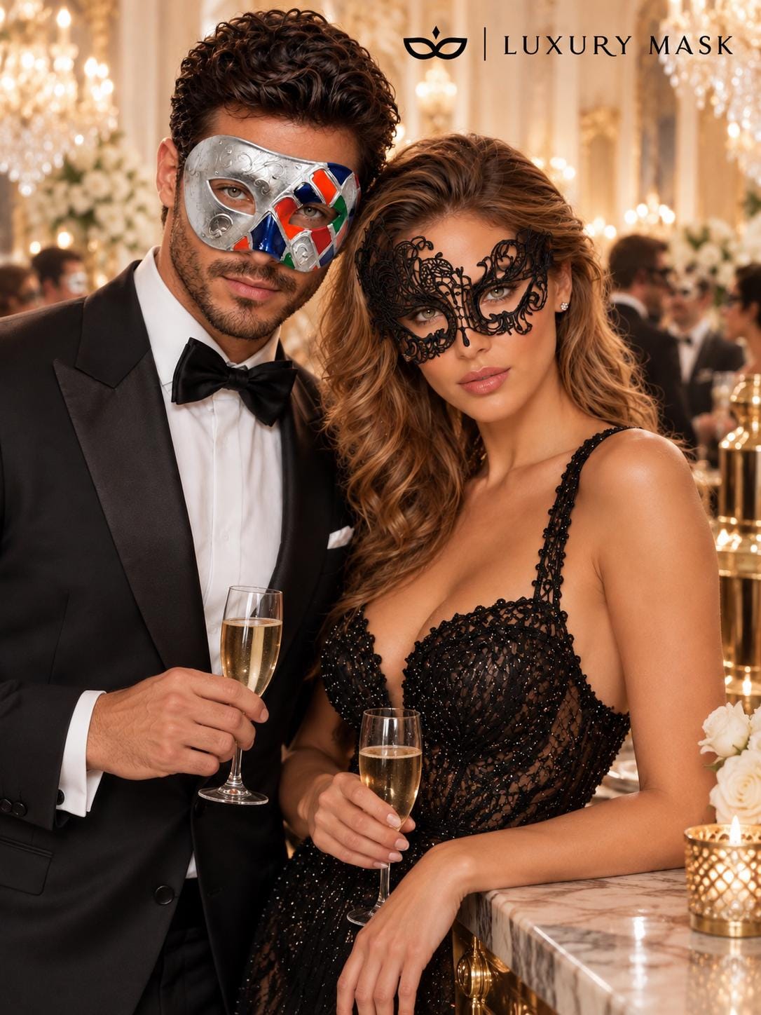 Multicolor Checkered Venetian Mask for Men & Black Swan Lace Mask for Women – product photo 3