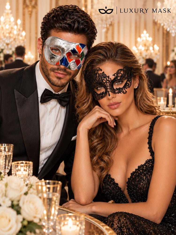 Multicolor Checkered Venetian Mask for Men & Black Swan Lace Mask for Women – product photo 4