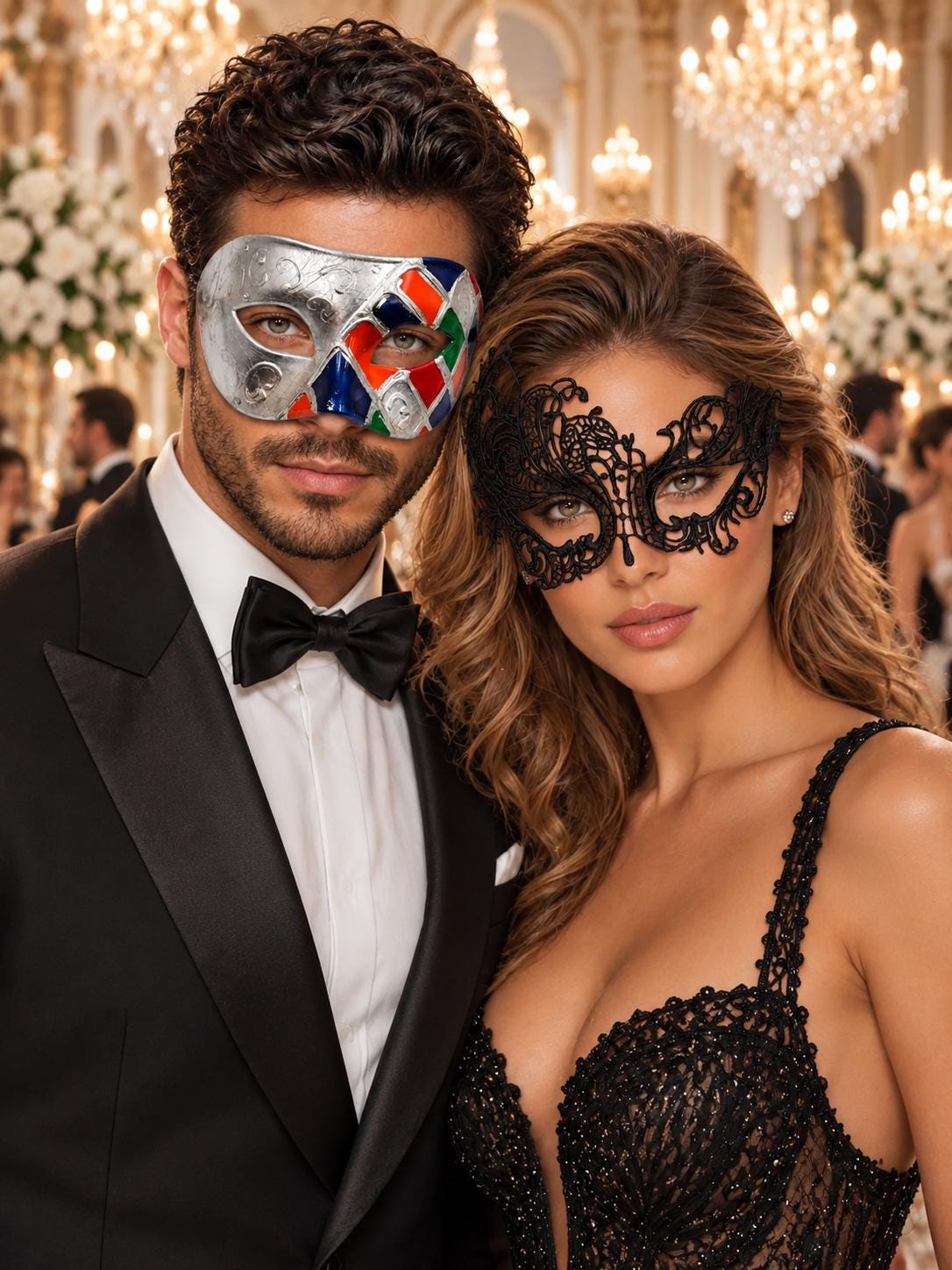 Multicolor Checkered Venetian Mask for Men & Black Swan Lace Mask for Women