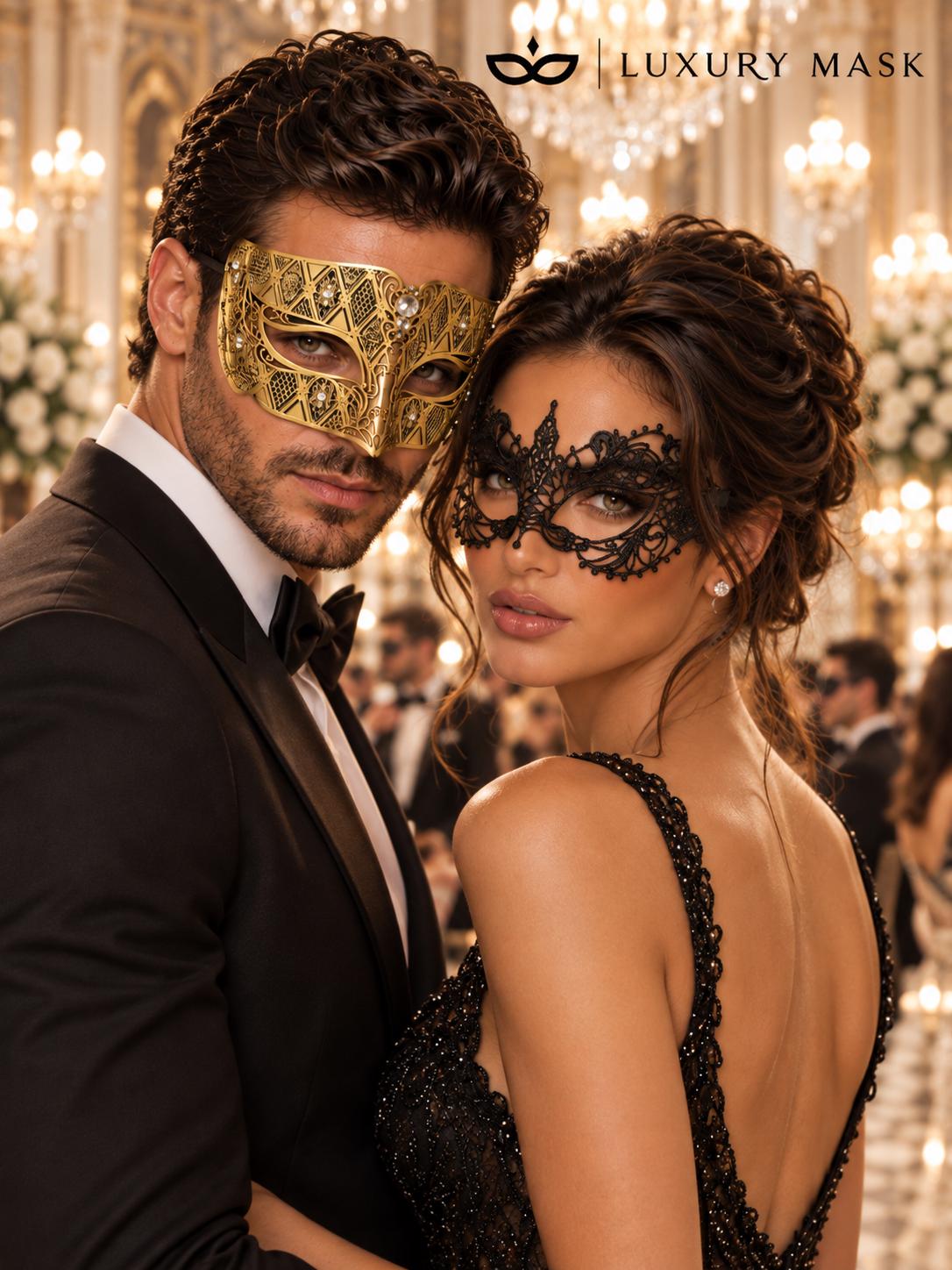 Gold Clear Stone Diamond Mask for Men & Black Lace Mask for Women – product photo 2