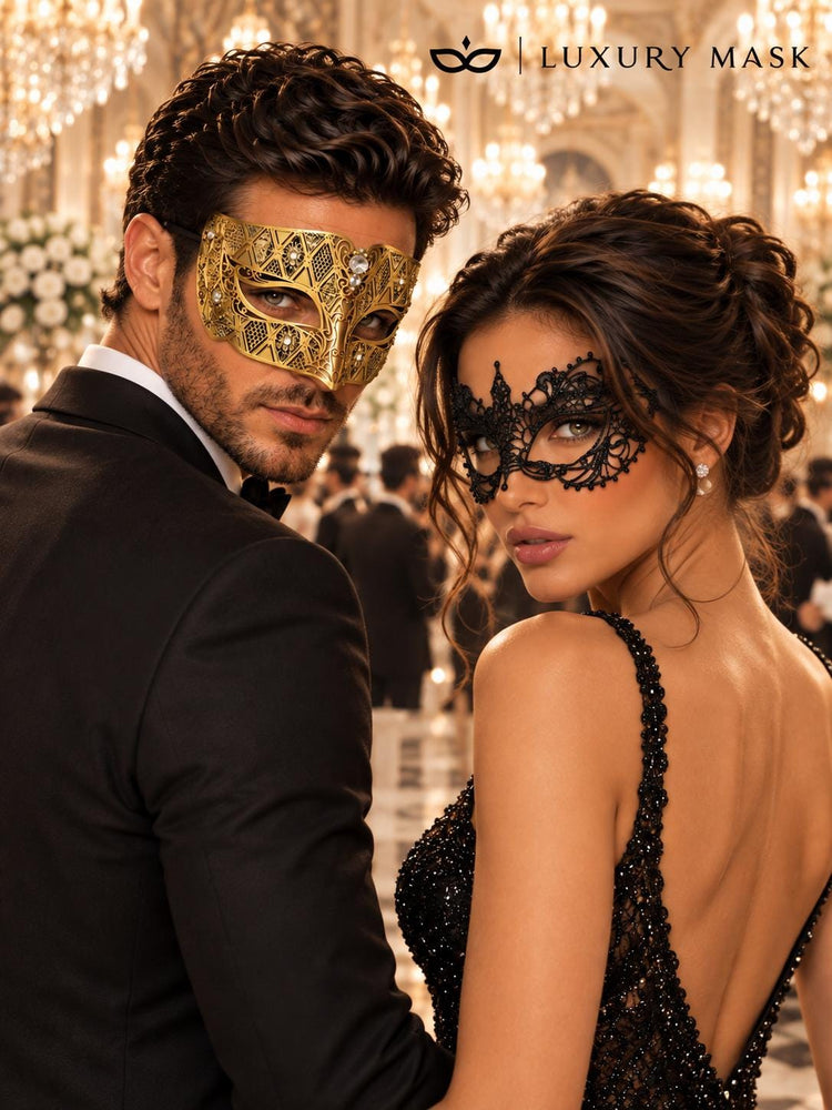 Gold Clear Stone Diamond Mask for Men & Black Lace Mask for Women – product photo 4