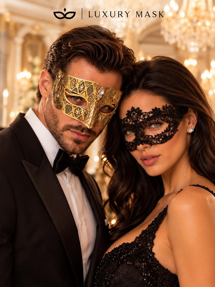 Black Flower Lace Mask & Gold Diamond Clear Stone Venetian Mask – product photo 2