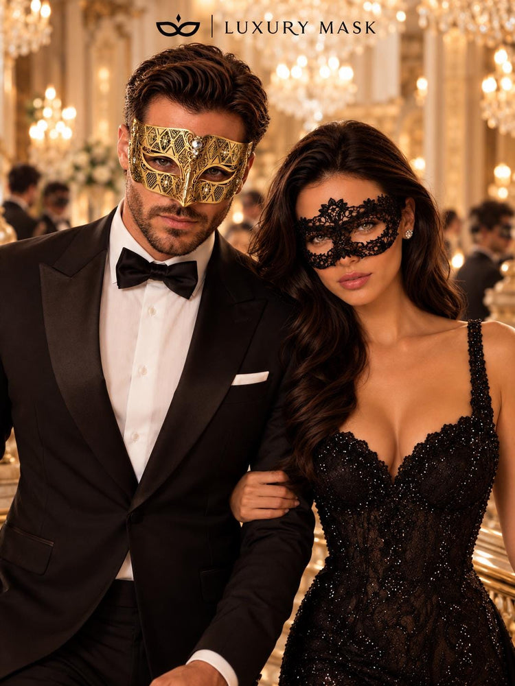 Black Flower Lace Mask & Gold Diamond Clear Stone Venetian Mask – product photo 4