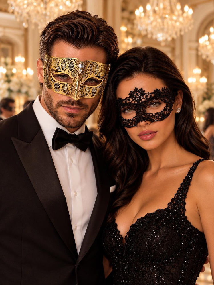 Black Flower Lace Mask & Gold Diamond Clear Stone Venetian Mask