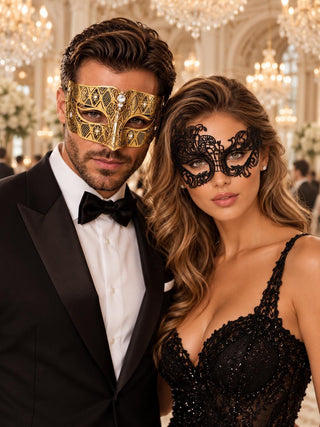 Gold Diamond Stone Venetian Mask & Black Swan Lace Mask
