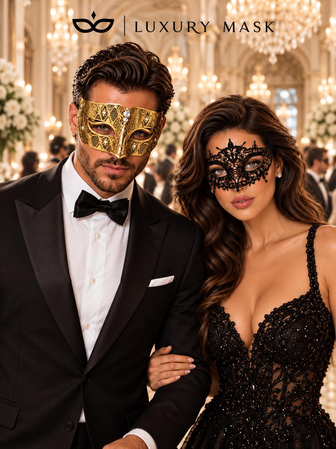 Black Lace Masquerade Mask for Women with Gold Diamond Stone Venetian Mask for Men – product photo 3