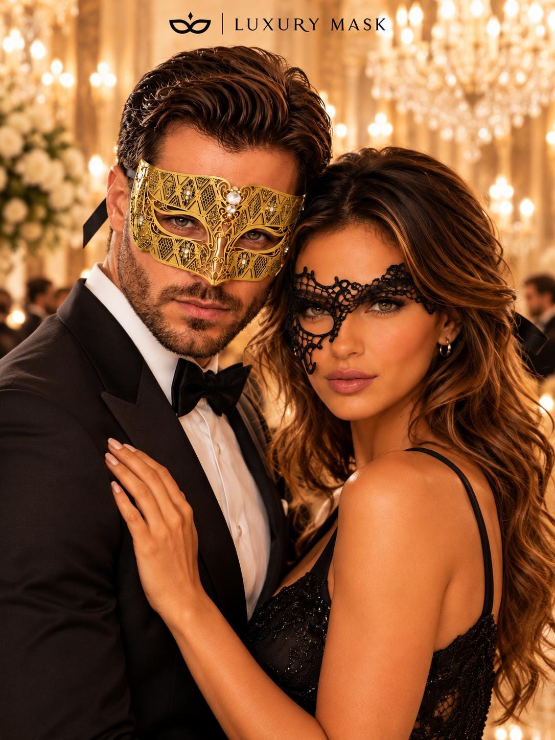 Gold Diamond Venetian Mask for Men & Black Phantom Lace Mask for Women – product photo 5