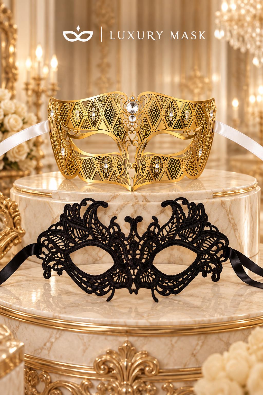 Gold Clear Stone Diamond Mask for Men & Black Lace Venetian Mask for Women – product photo 6