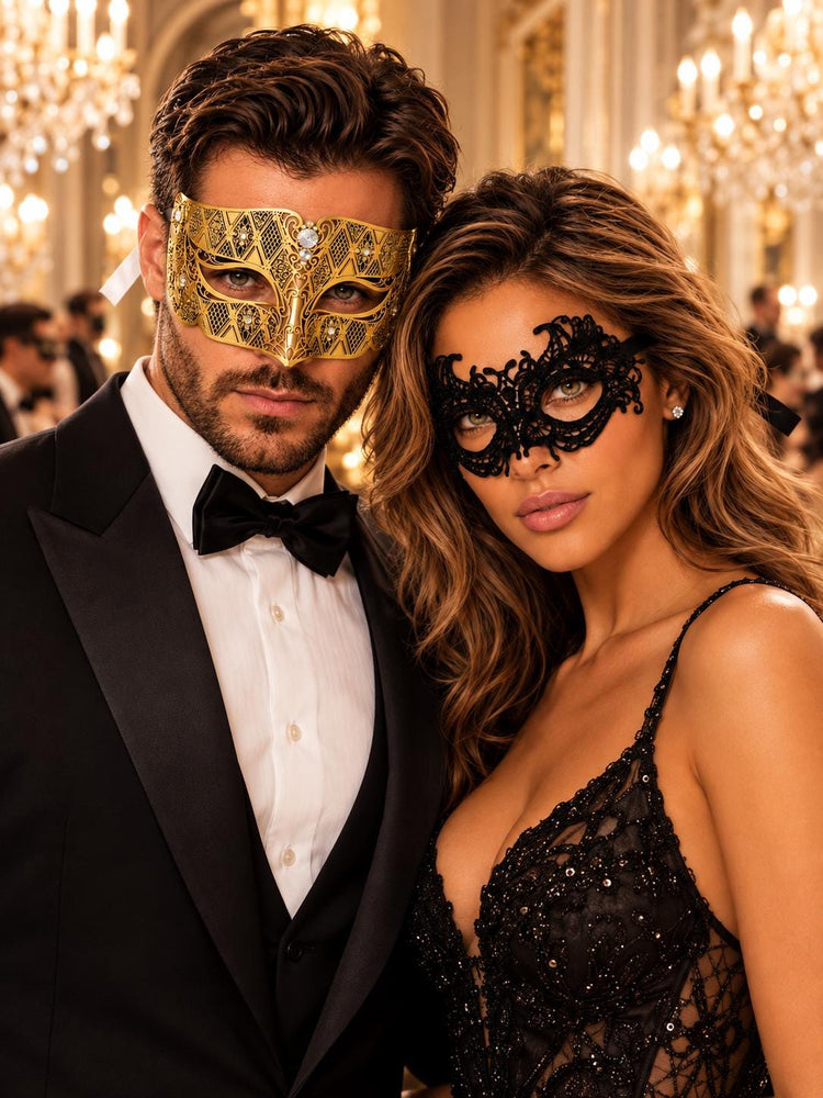 Gold Clear Stone Diamond Mask for Men & Black Lace Venetian Mask for Women