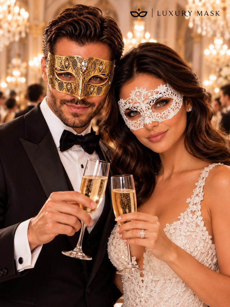 Gold Diamond Venetian Mask with Clear Stones & White Flower Lace Mask – product photo 3