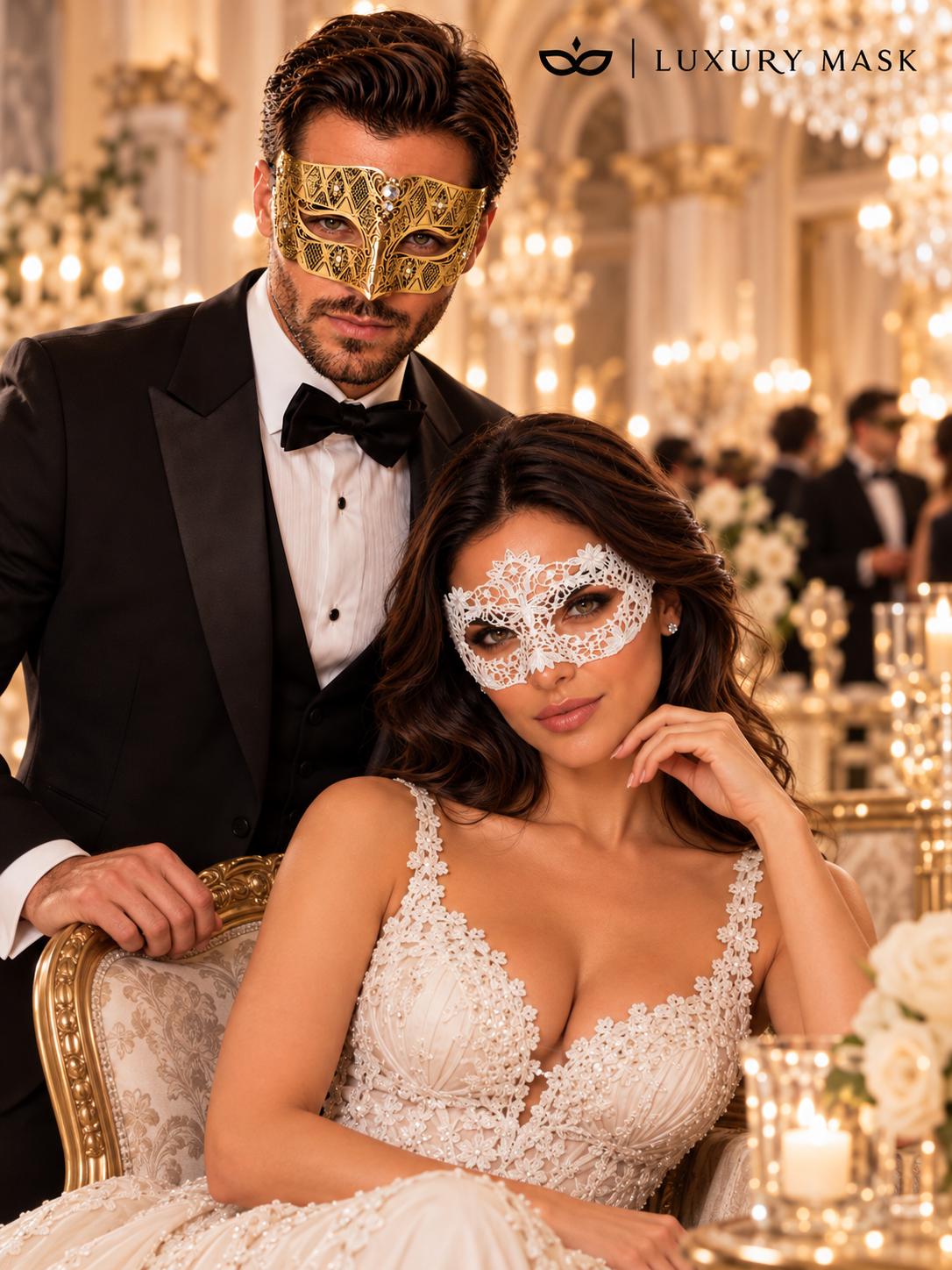 Gold Diamond Venetian Mask with Clear Stones & White Flower Lace Mask – product photo 4