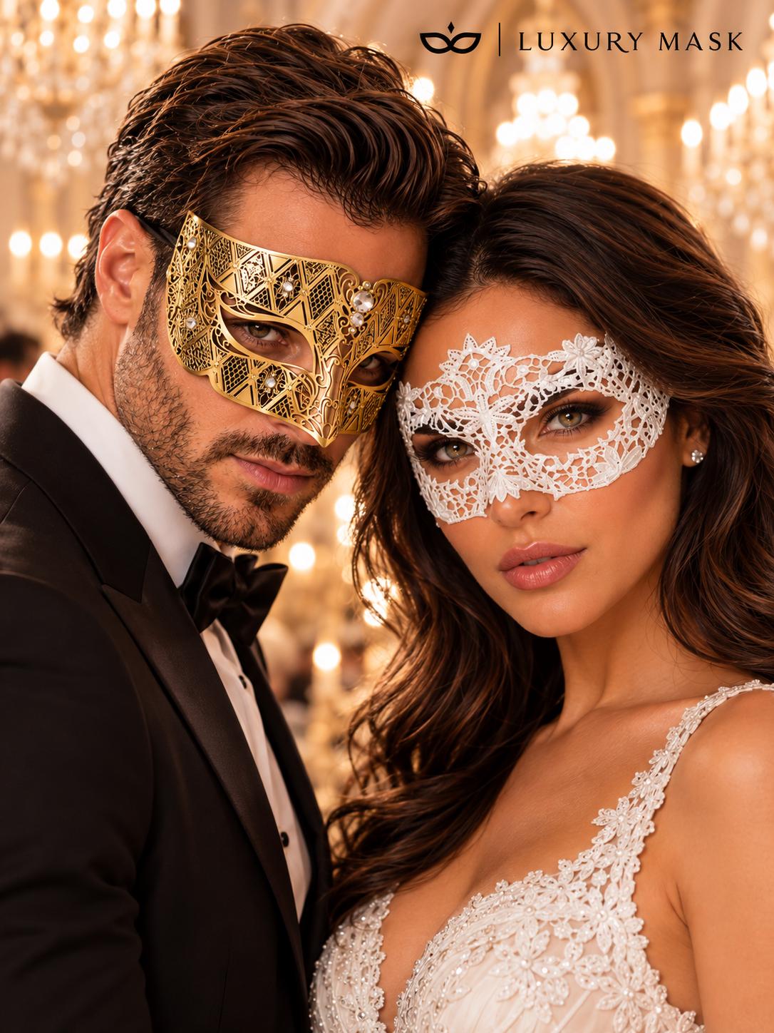 Gold Diamond Venetian Mask with Clear Stones & White Flower Lace Mask – product photo 2