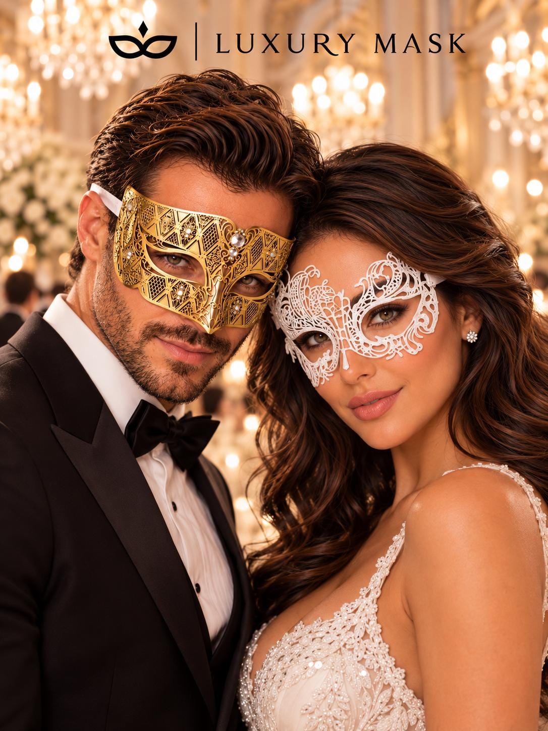 Gold Clear Stone Diamond Mask for Men & White Swan Lace Mask for Women – product photo 2