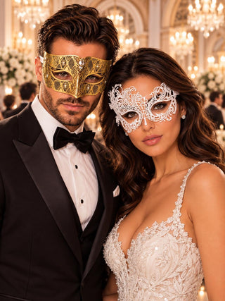 Gold Clear Stone Diamond Mask for Men & White Swan Lace Mask for Women