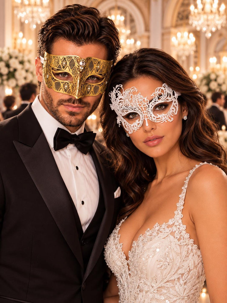 Gold Clear Stone Diamond Mask for Men & White Swan Lace Mask for Women