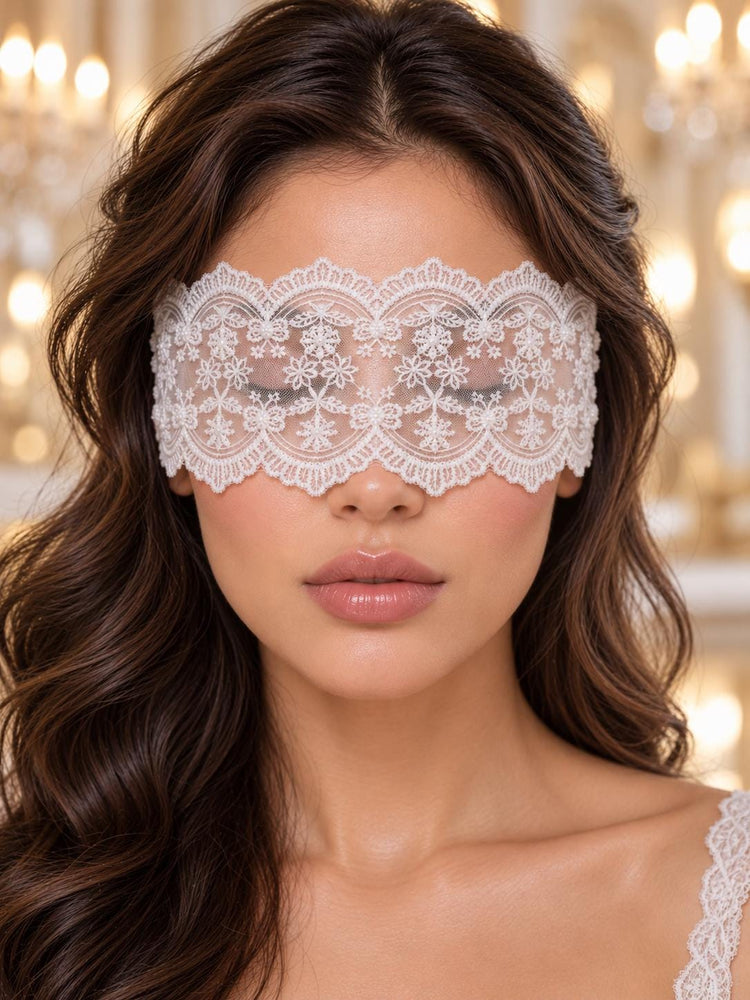 White Floral Lace Eye Blindfold with Ribbon Ties | Sheer Boudoir Mask for Women, Romantic Bridal Night & Honeymoon Wear